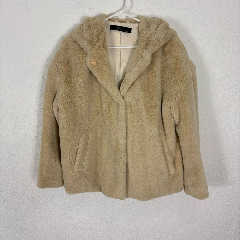Zara Tan Faux Fur Hooded Button Front Jacket Women's Size Small